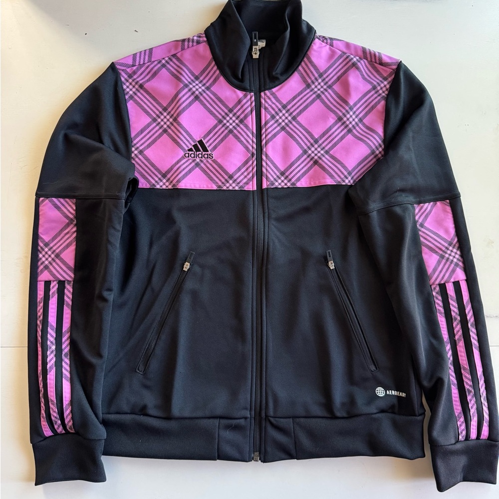 Adidas Tiro Black and Pink Plaid Track Jacket size small gently used